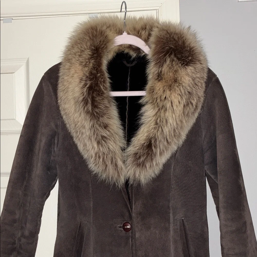 Long Brown Suede Coat with Mink Fur Trim - Women's Size M - Picture 2 of 15